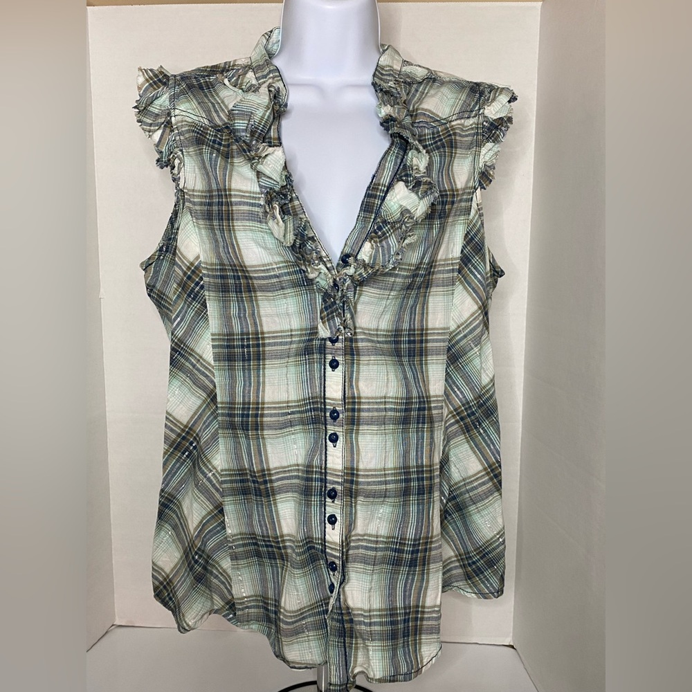 NEU ONE Women Button Up Ruffled Sleeve & Collar Green & Silver Plaid Size 14